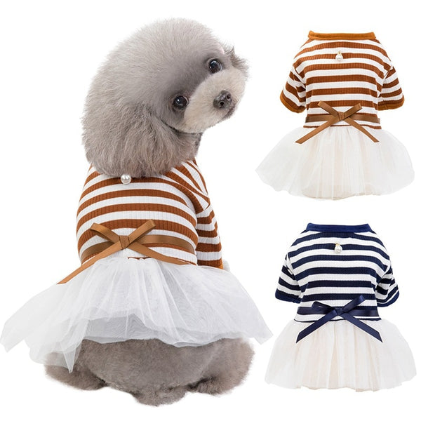 Pet Dog Stripes Pearls Gauze Tutu Dress Skirt Puppy Cat Princess Dress Clothes Cotton Short Sleeves T-shirt Apparel