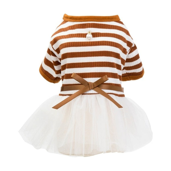 Pet Dog Stripes Pearls Gauze Tutu Dress Skirt Puppy Cat Princess Dress Clothes Cotton Short Sleeves T-shirt Apparel