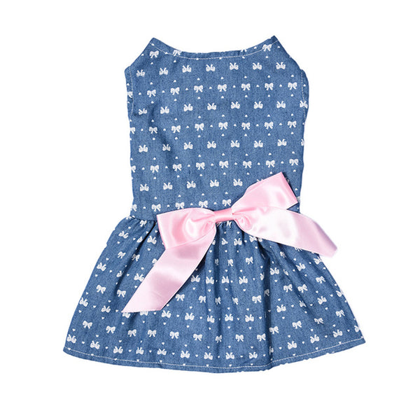 Comfortable  Polyester Jeans Pet Princess Dress for Summer and Spring Cute Pet Dog Clothes with Fashionable  Bowknot 1 PCS